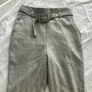 DO+BE Heather Greige Wool-Blend Belted High-Rise Tailored Trousers – US S